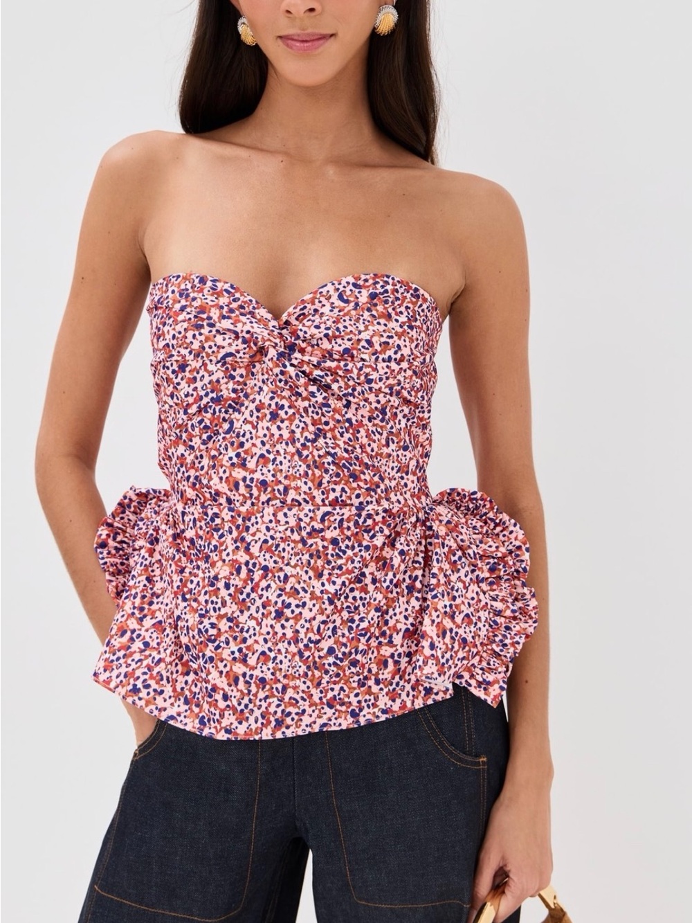 Kika Vargas Strapless Floral Peplum Camisole in Pink and Blue